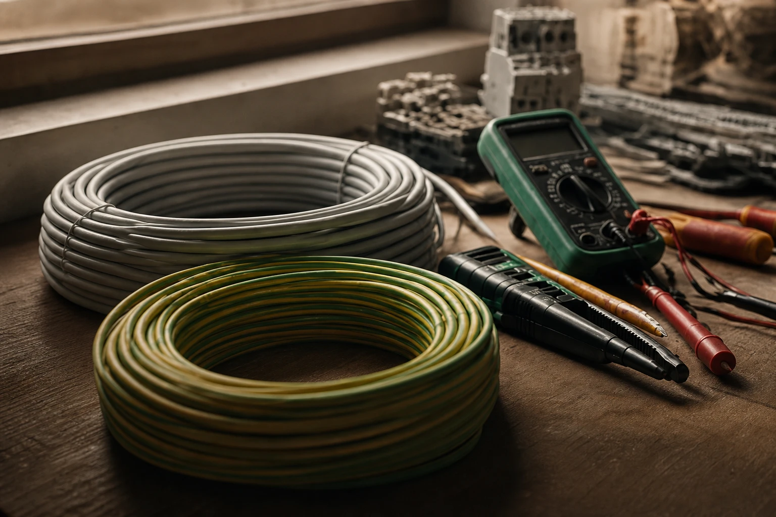 Elektriker-Werkbank mit Kabelrollen, Multimeter und Werkzeug